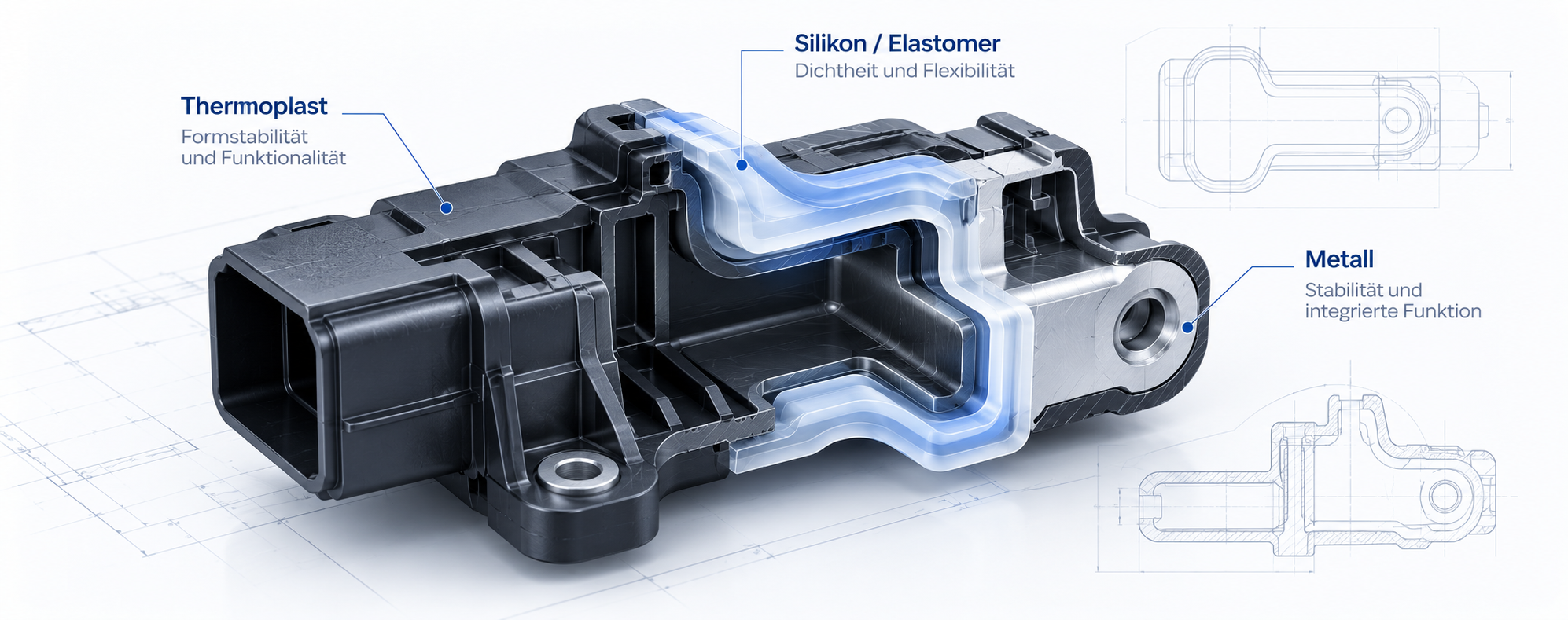 Engineering illustration of a hybrid multi-material component